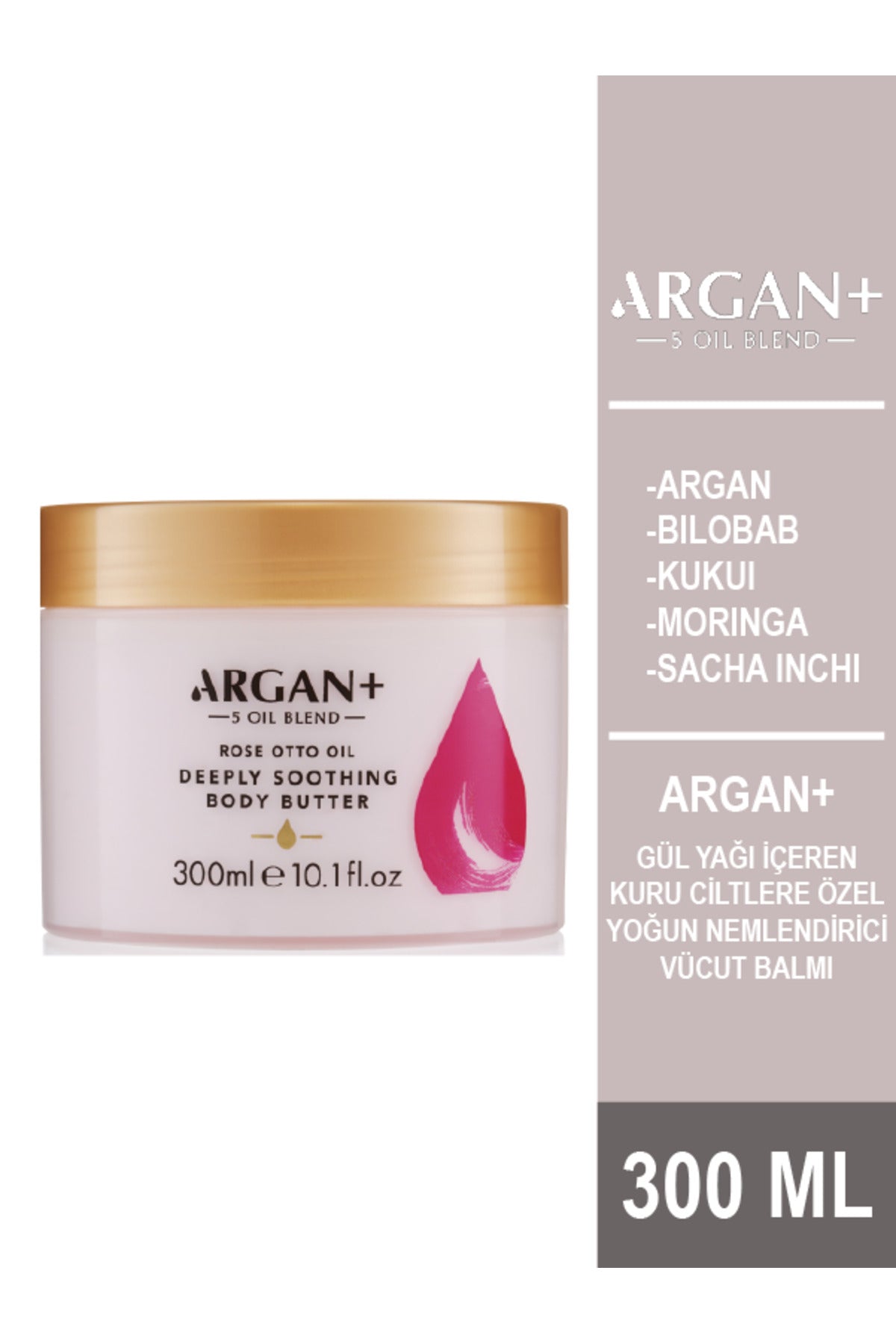 ARGAN + Gül Yağı İçeren Kuru Ciltlere Özel Yoğun Nemlendirici Vücut Balmı 300ml